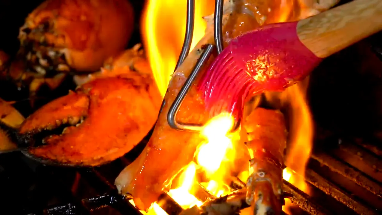 Seafood on the grill over the flames