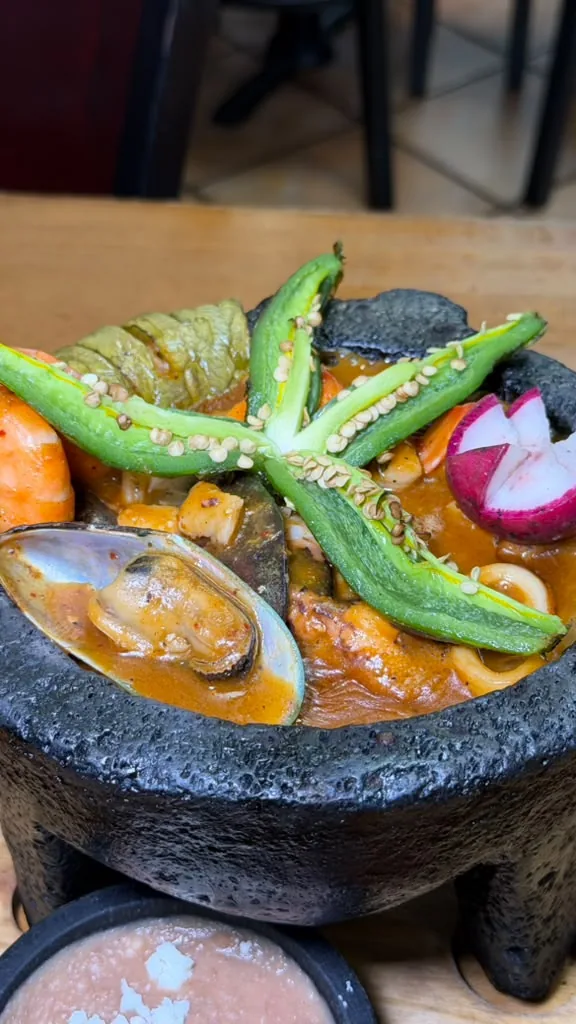 Molcajete with shrimp, mussel and grilled peppers