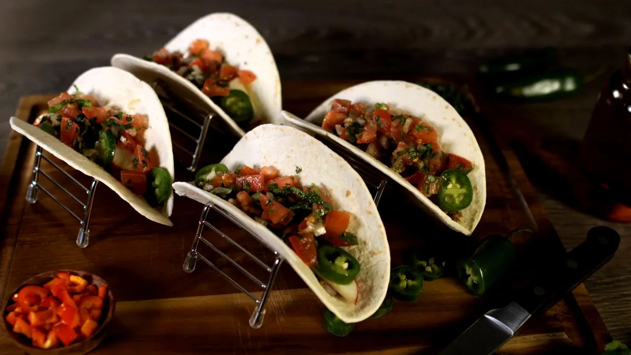 Tacos with salsa and jalapeños